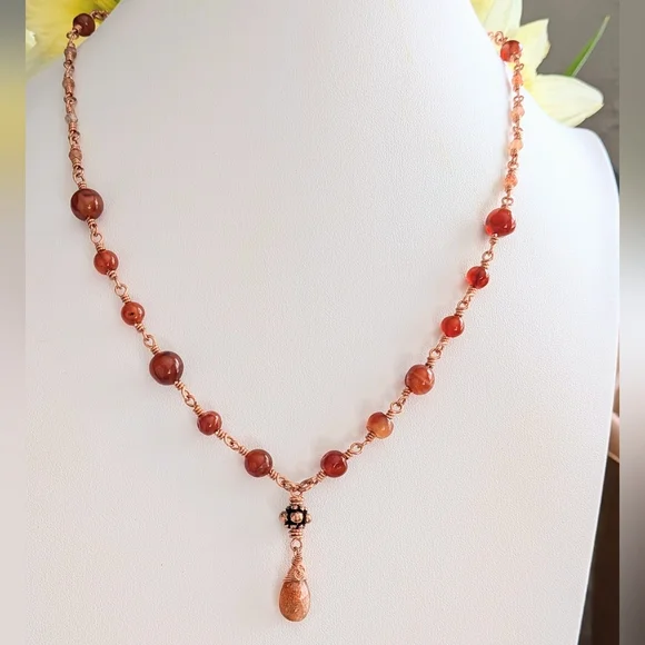 Elegant Carnelian Agate Necklace Artisan Crafted Copper Chain - Picture 14 of 15